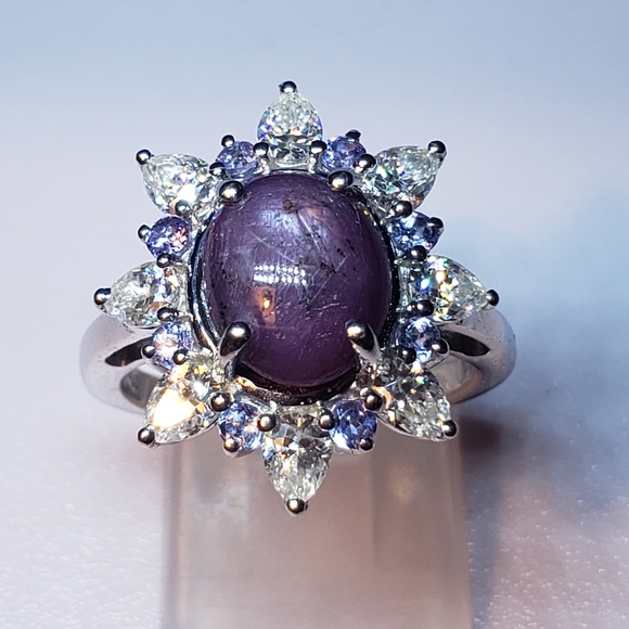 D'joy Jewelry - Rare Indian Star Ruby, Moissanite &TanzaniteStar Burst Ring